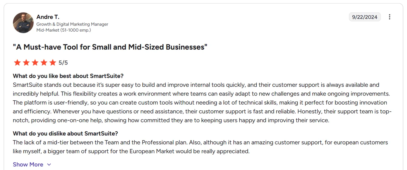 Screenshot: SmartSuite reviews