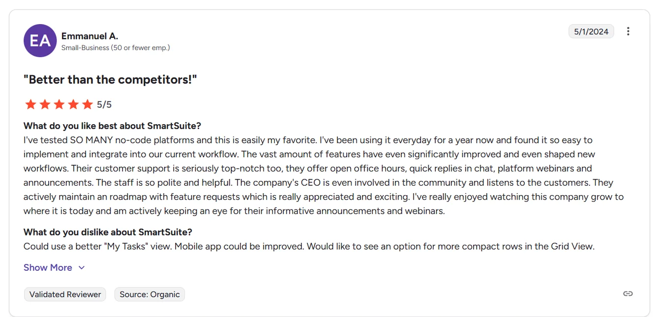 Screenshot: SmartSuite reviews