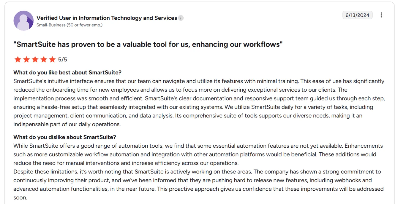 Screenshot: SmartSuite reviews