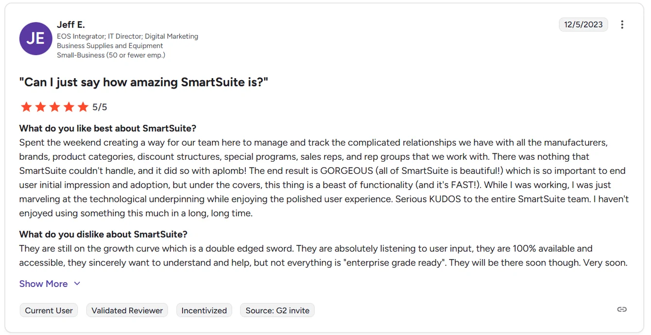 Screenshot: SmartSuite reviews