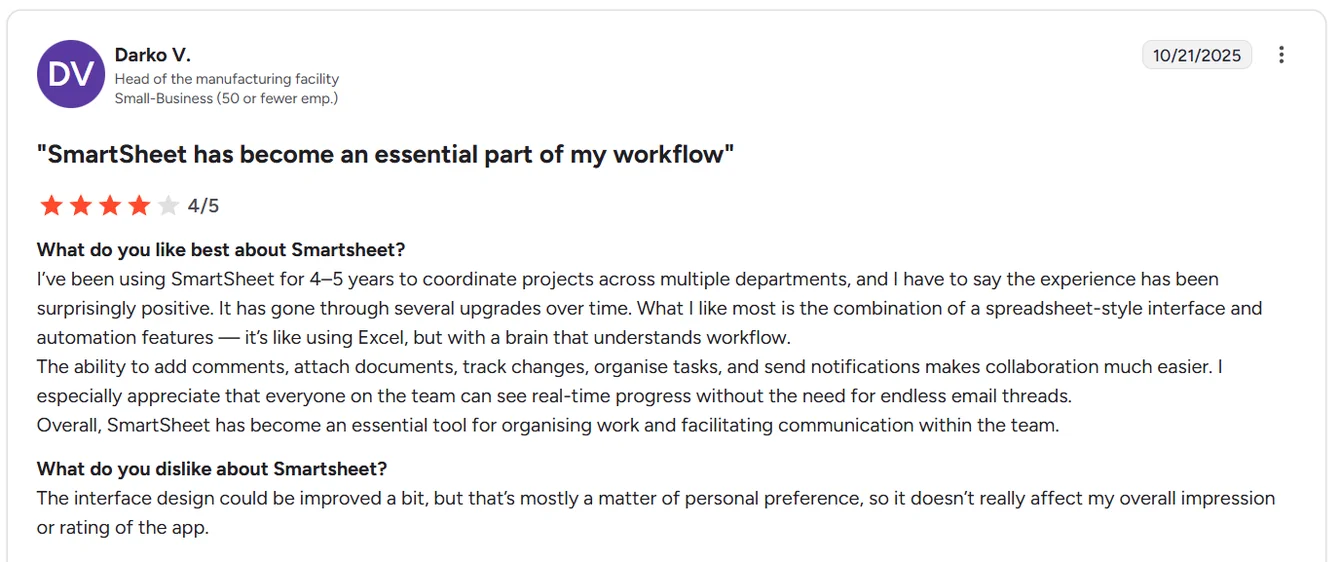 Smartsheet reviews