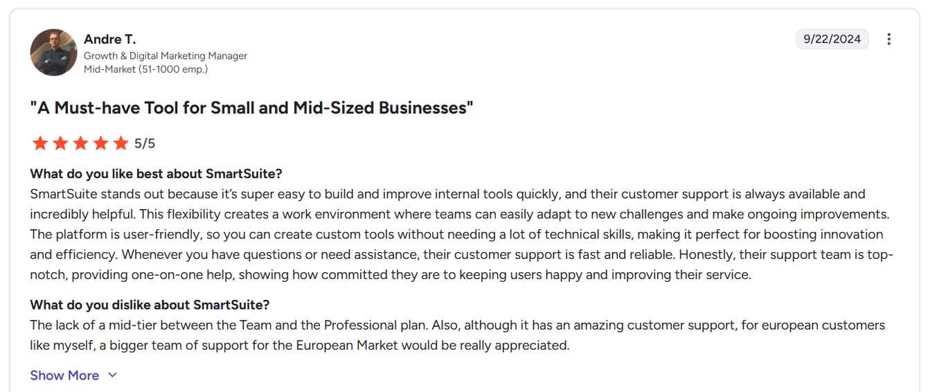 Screenshot: SmartSuite reviews