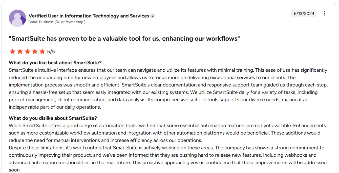 Screenshot: SmartSuite reviews