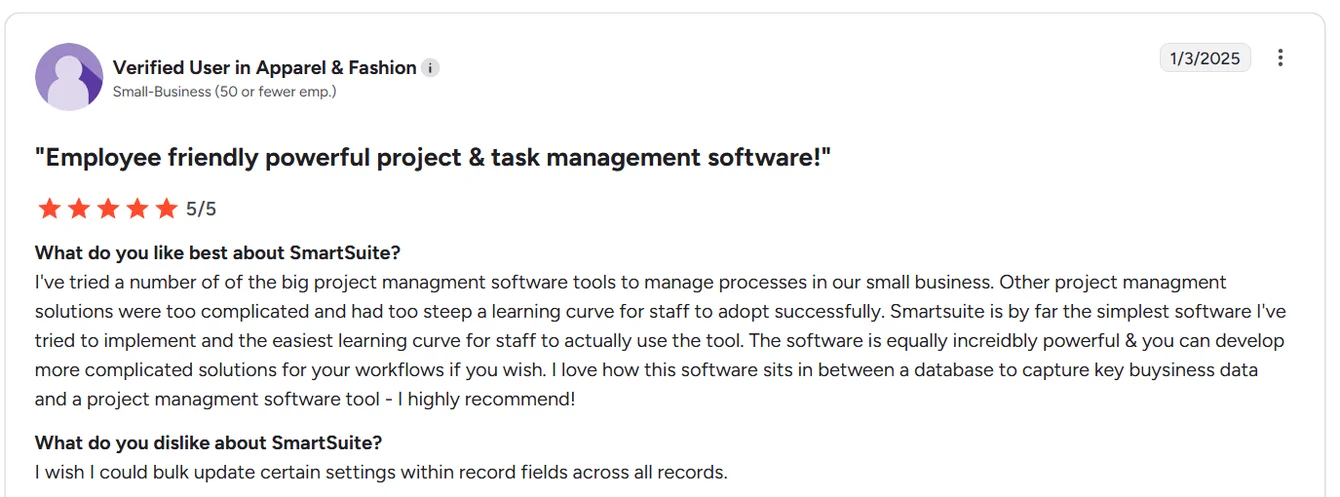 Screenshot: SmartSuite reviews