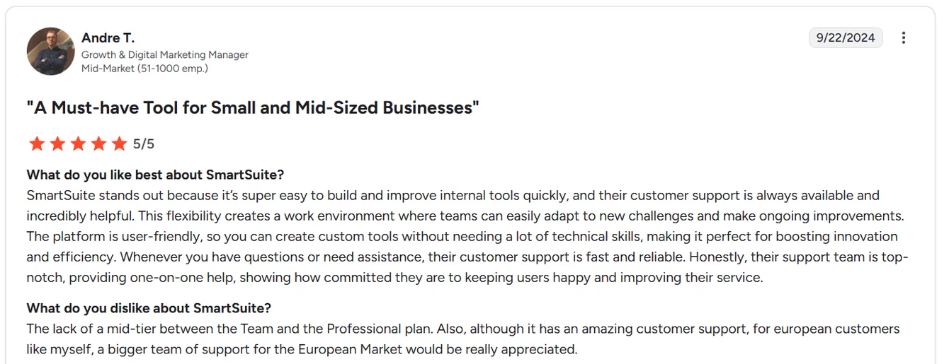 Screenshot: SmartSuite reviews