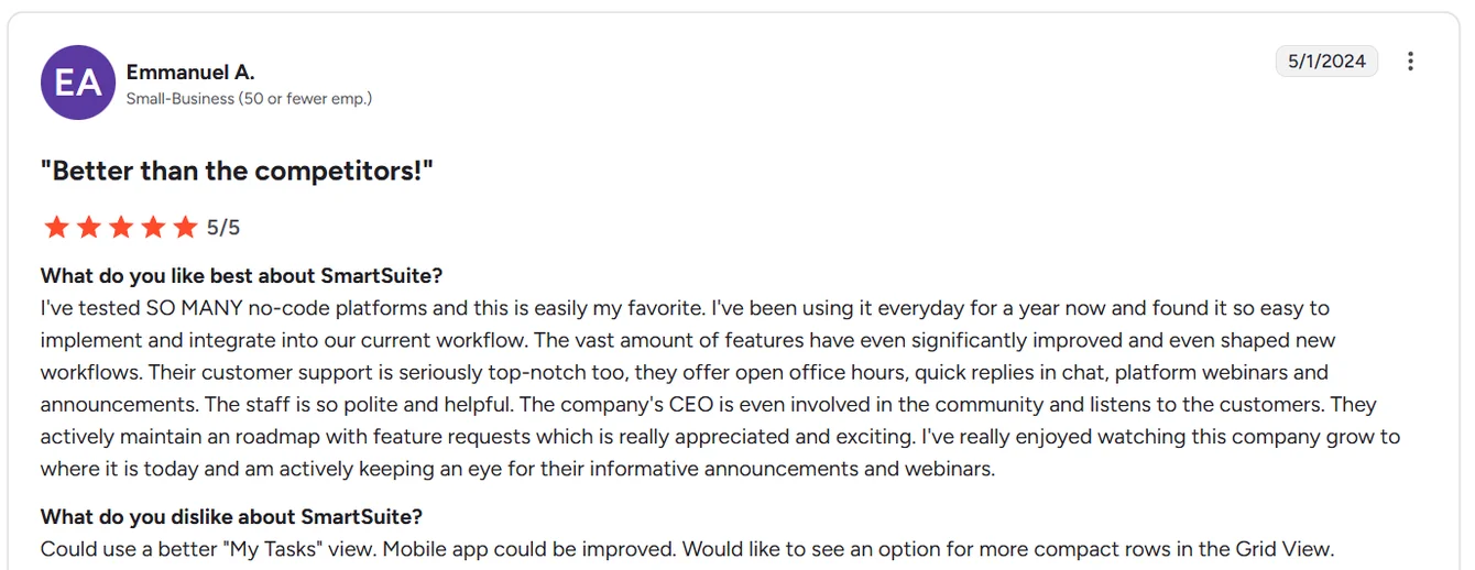 Screenshot: SmartSuite reviews