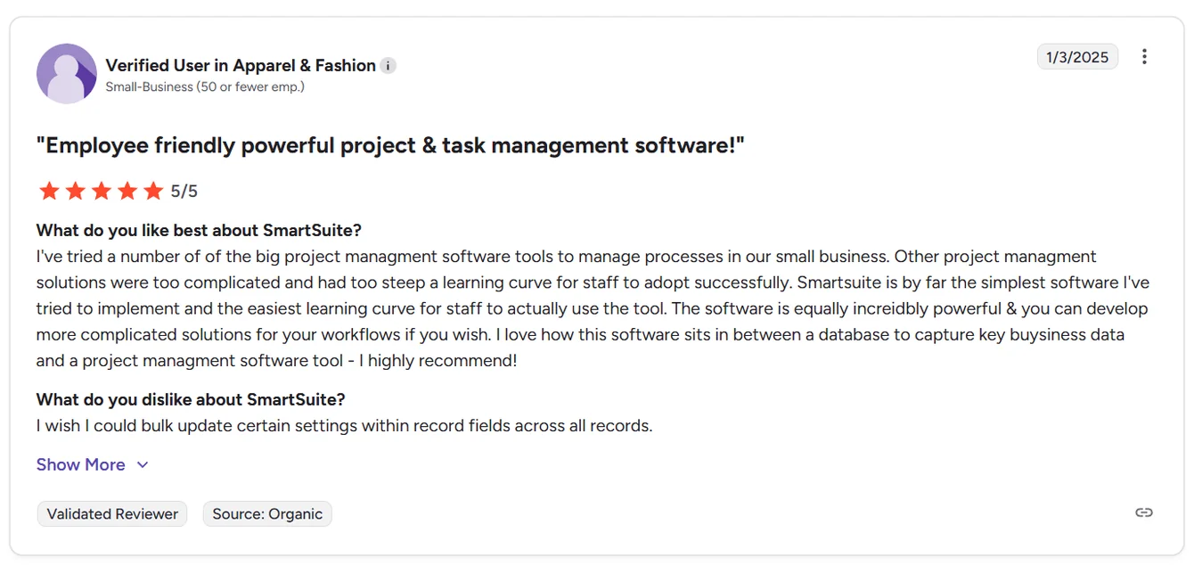 Screenshot: SmartSuite reviews