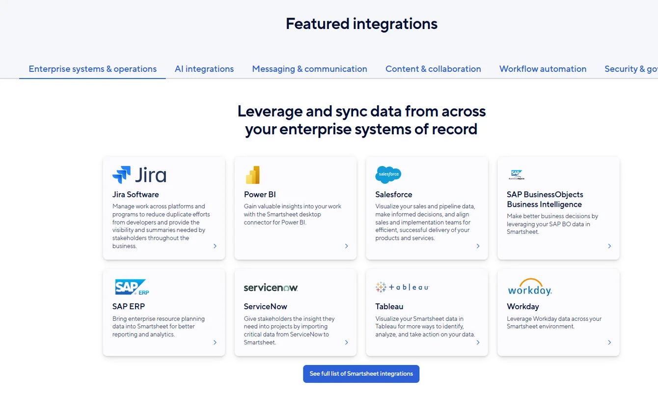 Smartsheet featured integrations including Jira, Power BI, Salesforce, SAP, ServiceNow, Tableau and Workday