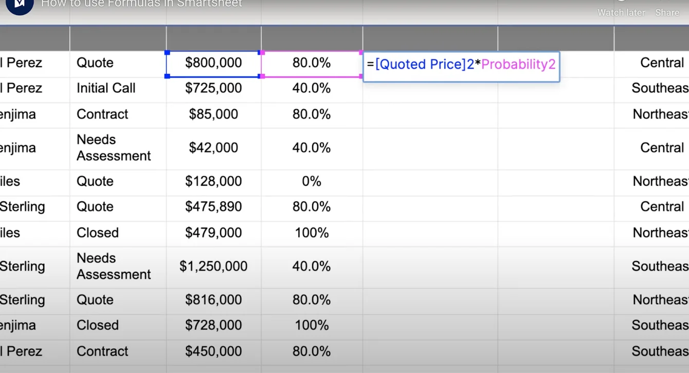 Video frame on how to use formulas in Smartsheet, with a formula multiplying quoted price by probability