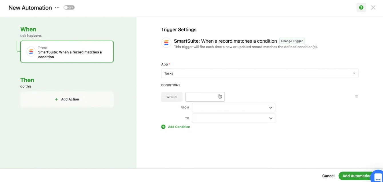 Screenshot: New Automation builder with a SmartSuite trigger that fires when a record matches a condition