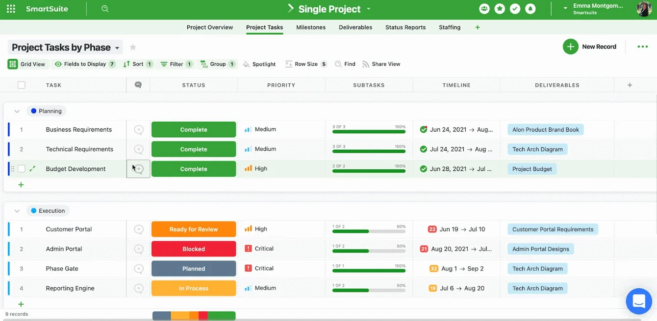SmartSuite Project Tasks by Phase grid with status, priority, subtasks progress, timeline and deliverables