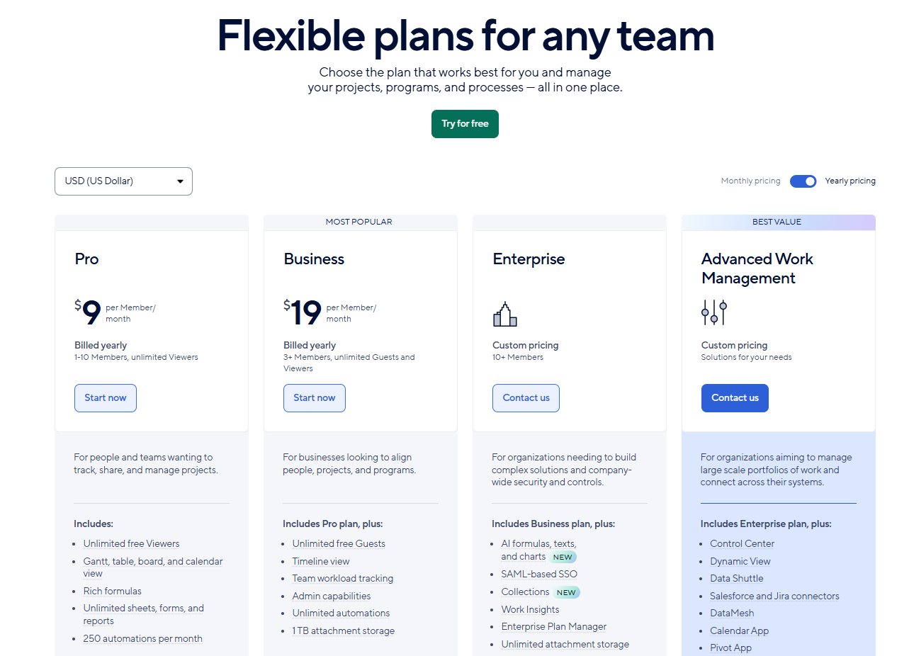 Smartsheet plans: Pro, Business, Enterprise and Advanced Work Management with prices and included features
