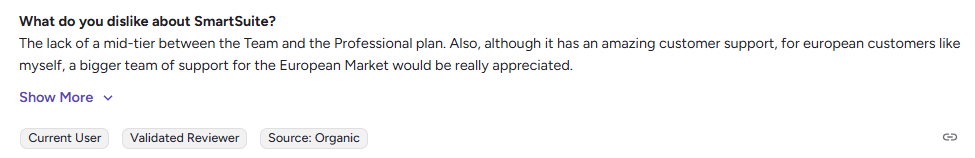 Review of SmartSuite wanting a mid-tier plan between Team and Professional and more European support