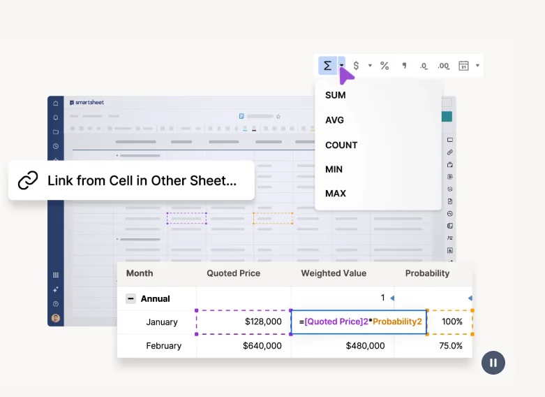 Smartsheet sheet with a cross-sheet link option, a SUM function menu and a weighted value formula using price and probability