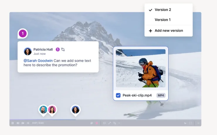 Video review with a comment mentioning a teammate, file version menu and an MP4 ski clip attachment