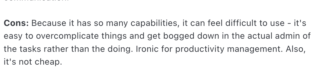 Review excerpt listing cons: many capabilities make it hard to use, and it is not cheap