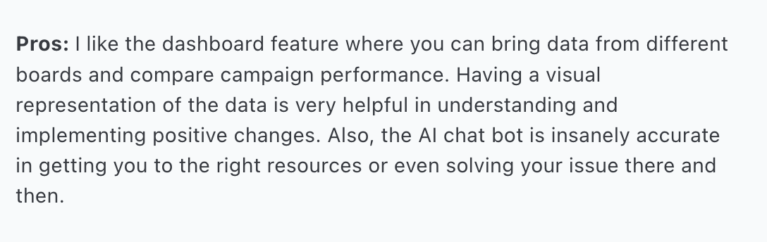 Review quote praising a dashboard that compares campaign performance across boards and an accurate AI chat bot