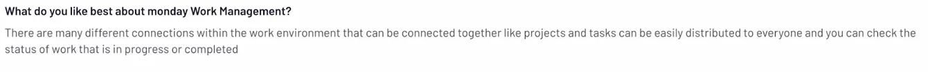 User review saying monday Work Management connects projects and tasks and shows the status of work