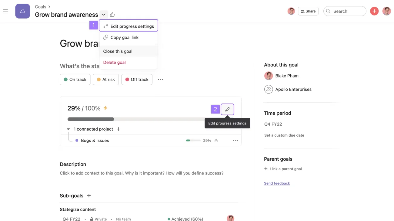 Goal detail page with progress bar, status options and an Edit progress settings menu