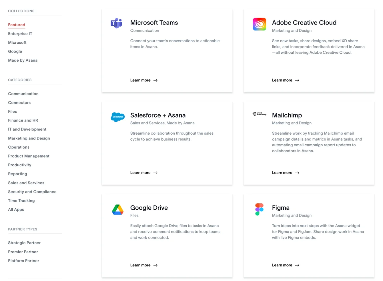 Asana integrations directory with cards for Microsoft Teams, Adobe Creative Cloud, Salesforce, Mailchimp, Google Drive, Figma
