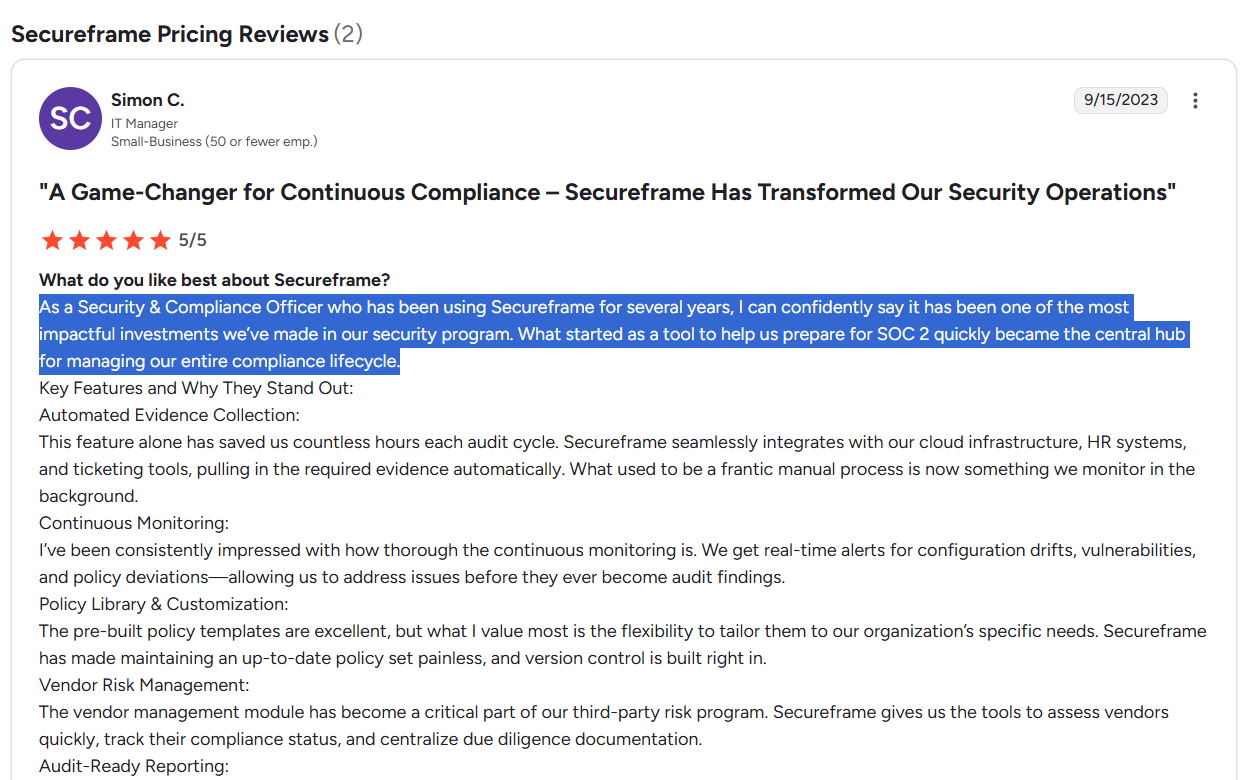 Does Secureframe offer good value for money overall?