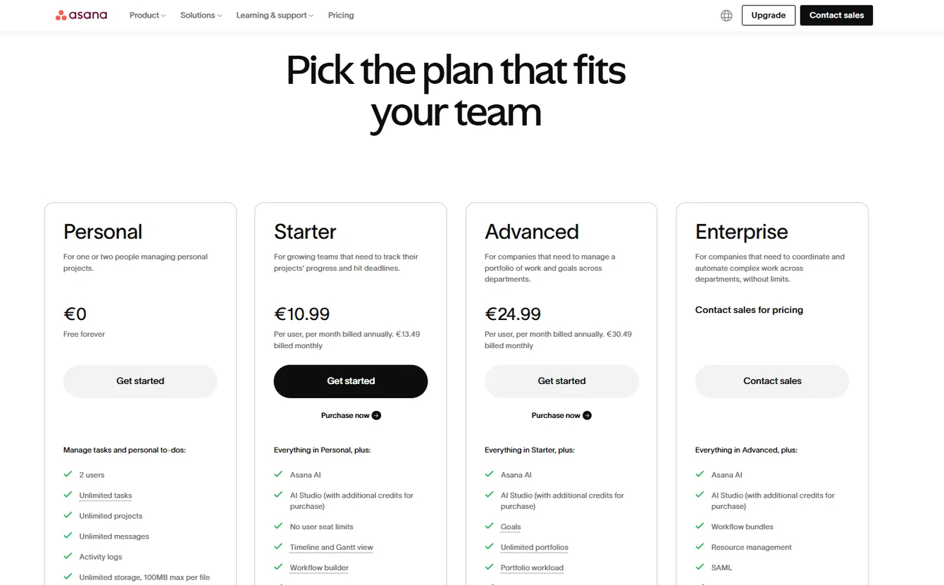 Asana’s Pricing Plans