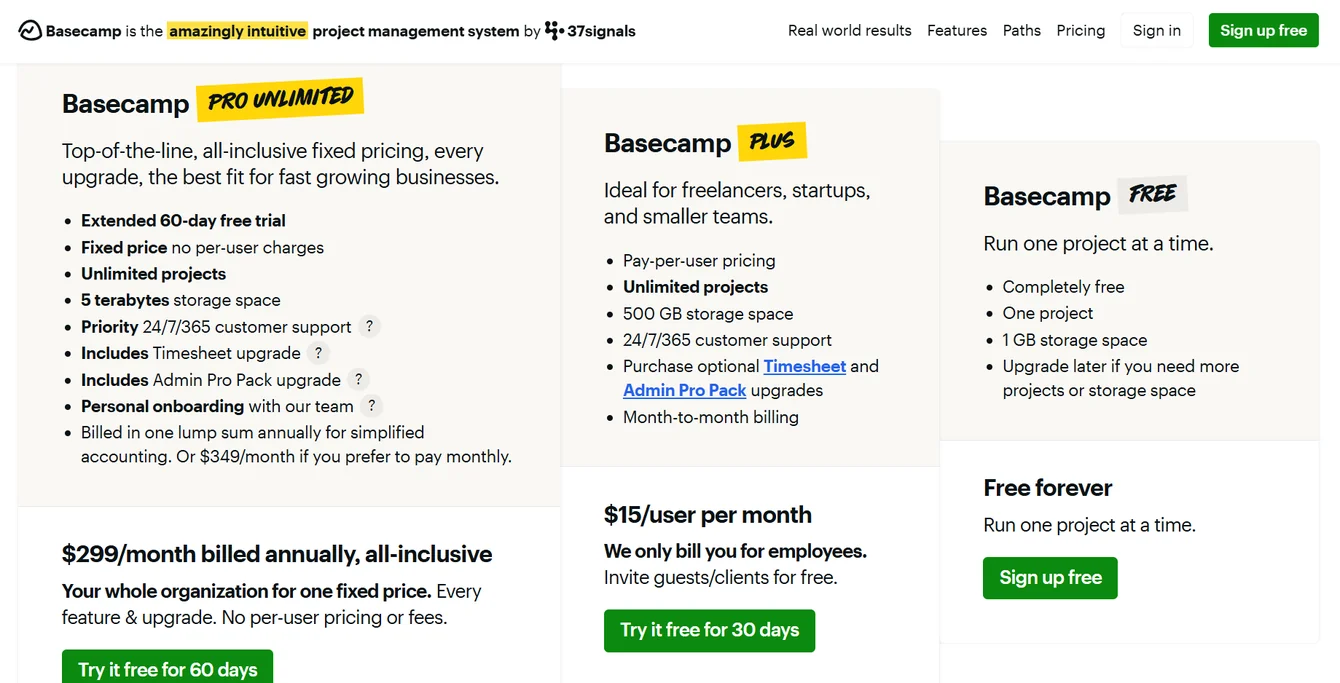 Basecamp Pricing Plans