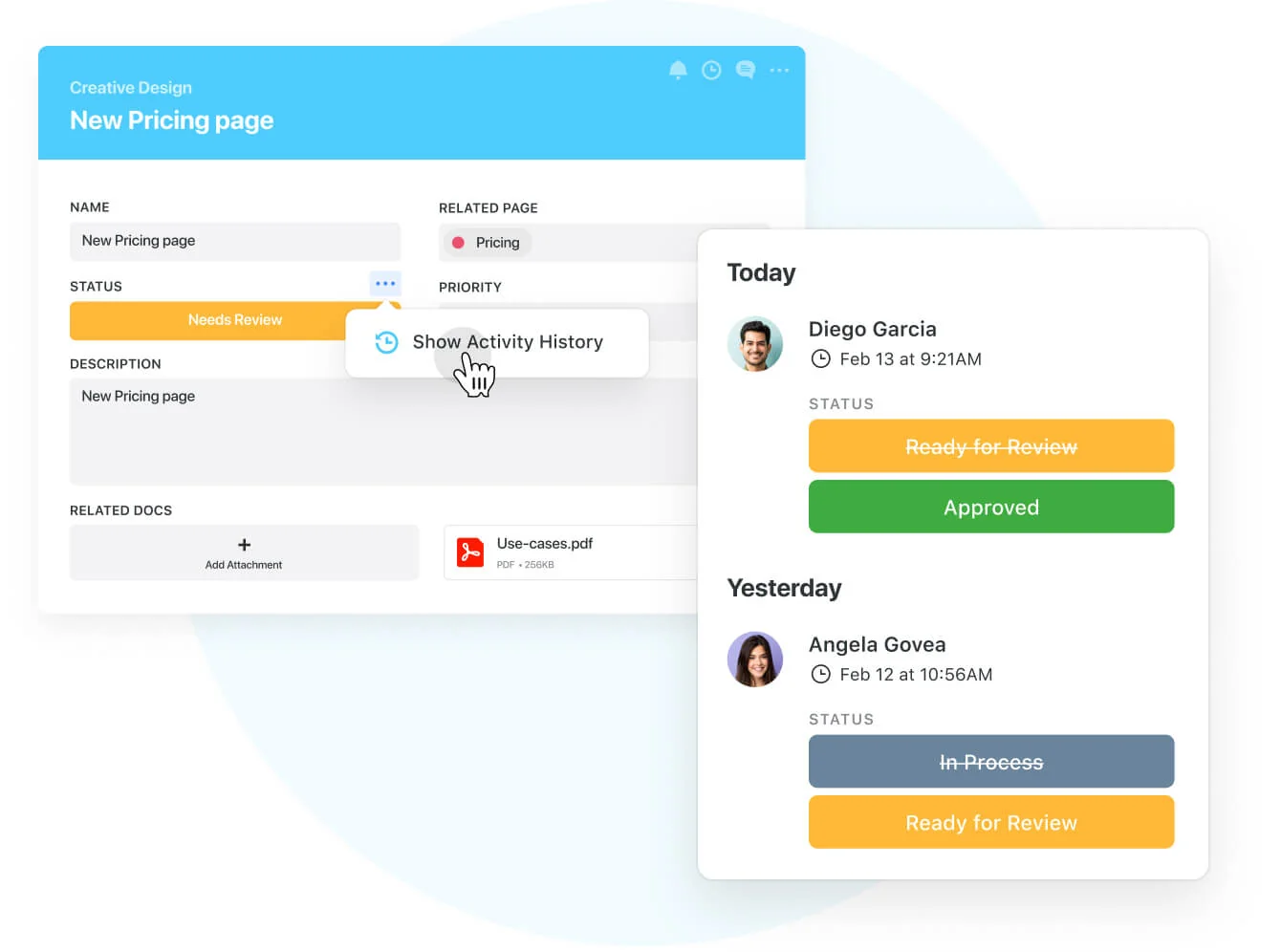 Example of the activity history display in SmartSuite