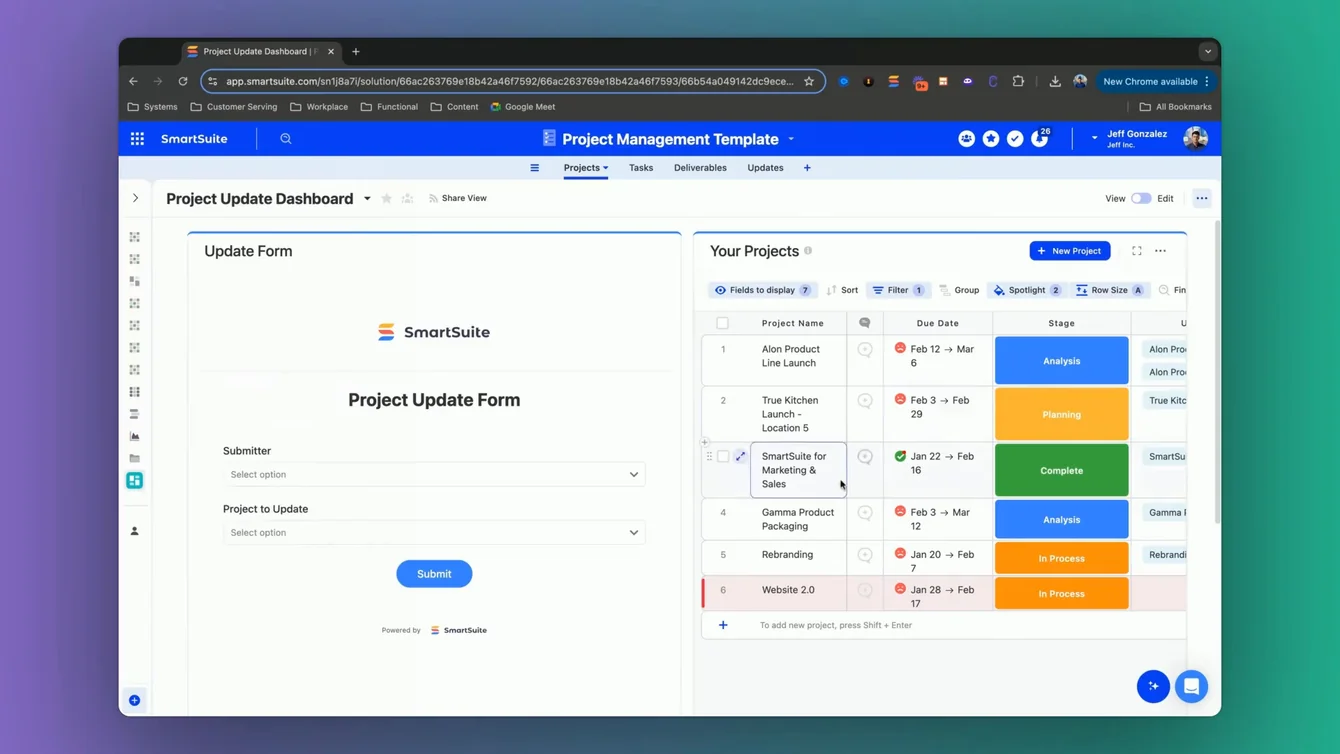Screenshot: Creating a Dashboard for Easy Access in SmartSuite