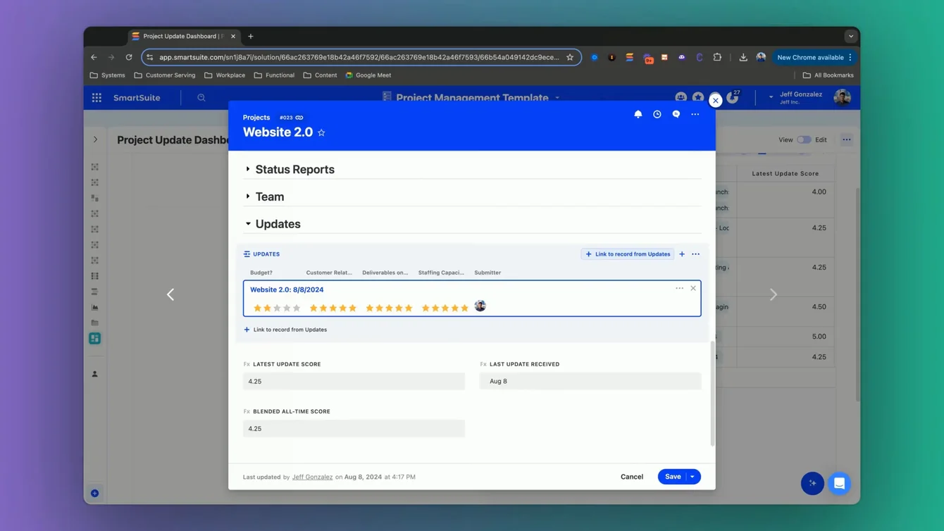 Screenshot: Submitting an Update in SmartSuite