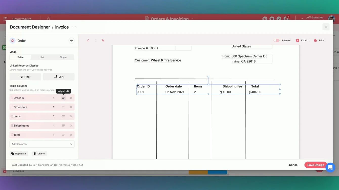 Screenshot: Showcasing Linked Orders in SmartSuite