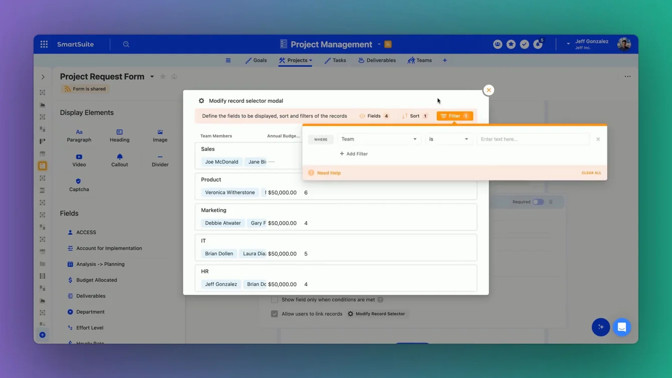 Screenshot: Sorting and Filtering in SmartSuite