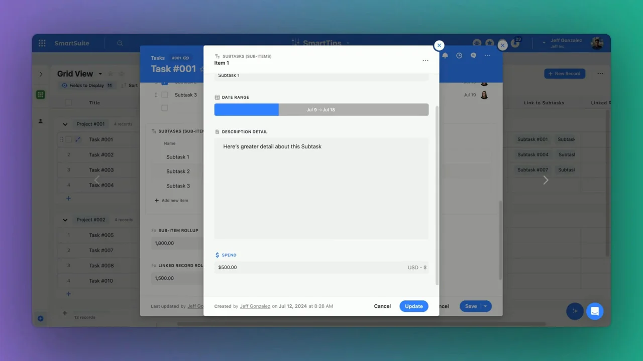 Screenshot: Sub Items Field Type in SmartSuite