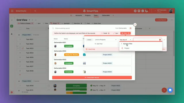 Screenshot: Dynamic Filtering in Linked Records in SmartSuite