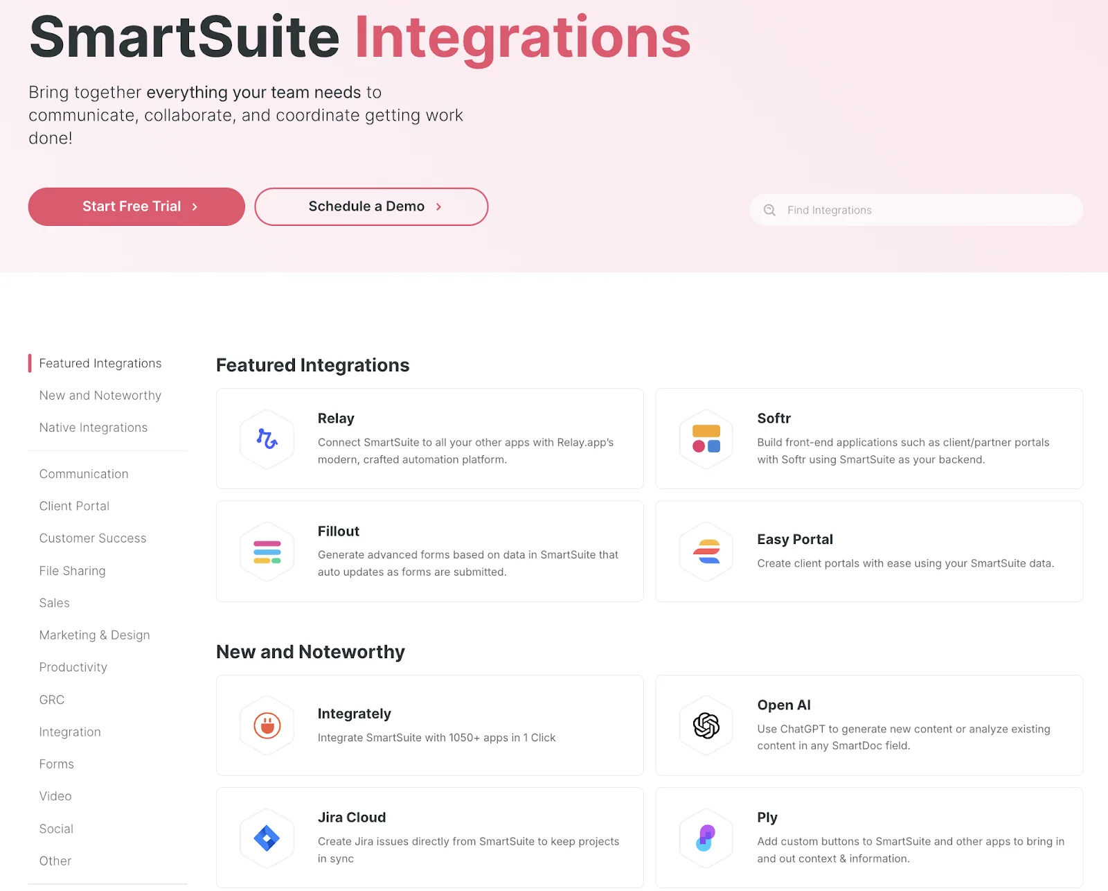 SmartSuite Integrations page listing featured apps such as Relay, Softr, Fillout and Easy Portal