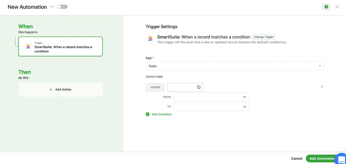 SmartSuite no-code automation builder