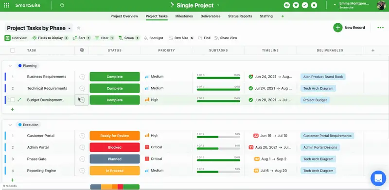 Screenshot: SmartSuite Project Tasks by Phase grid with status, priority, subtasks progress, timeline and deliverables