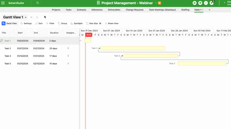 Animated demo of linking tasks with the Dependency field in a SmartSuite Gantt view
