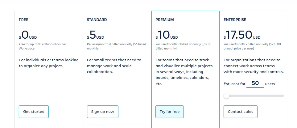 Pricing plans: Free, Standard at $5, Premium at $10 and Enterprise at $17.50 per user per month