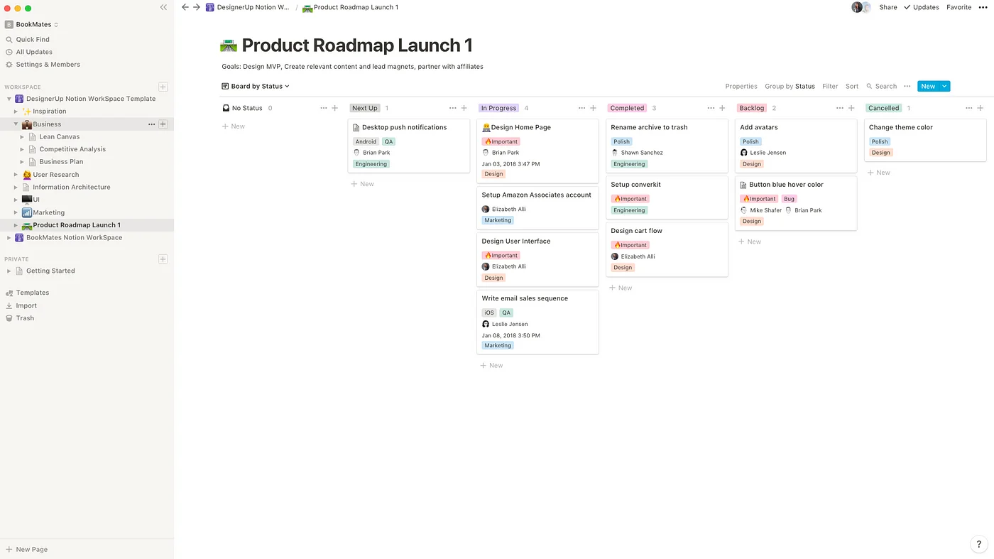 Notion board view of a Product Roadmap with tasks grouped by status from Next Up to Cancelled