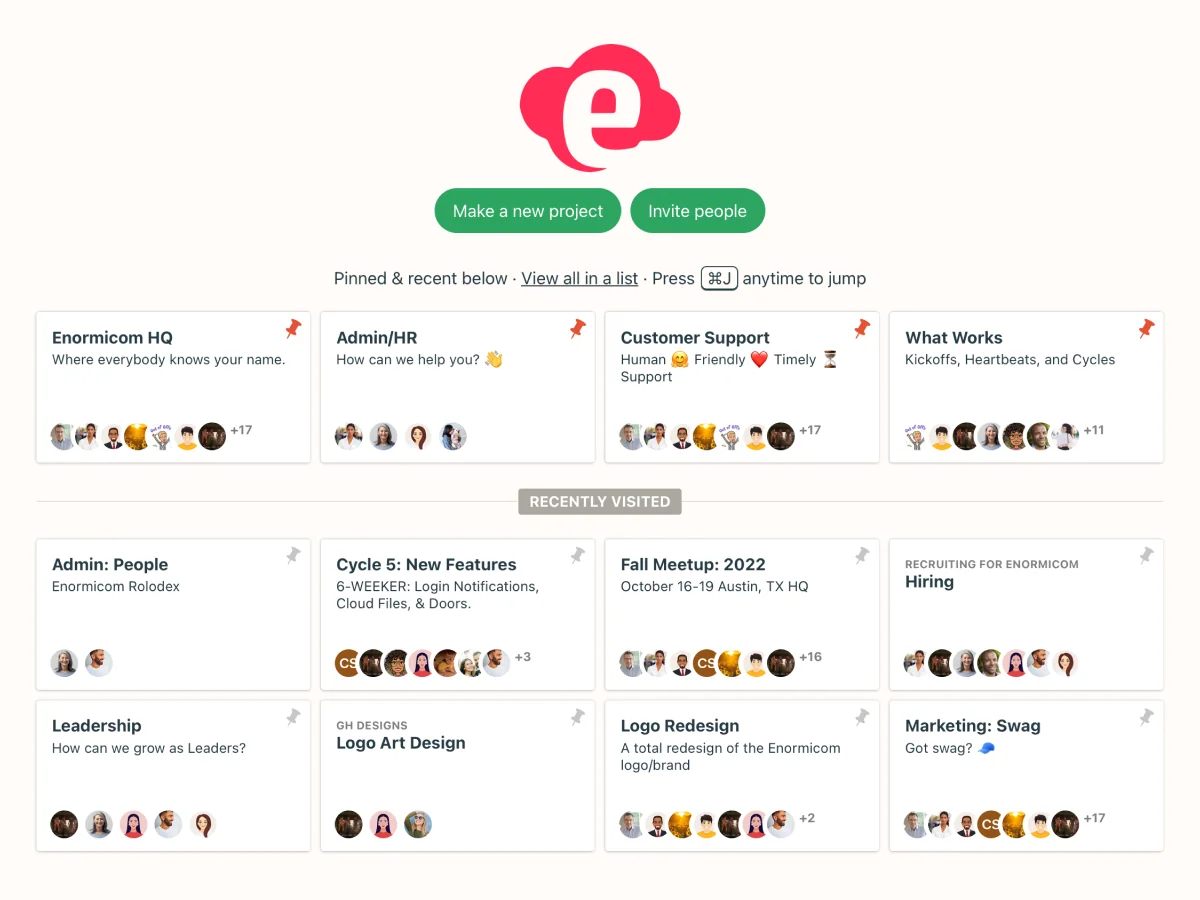 Basecamp home screen with pinned and recently visited project cards and buttons to make a project or invite people