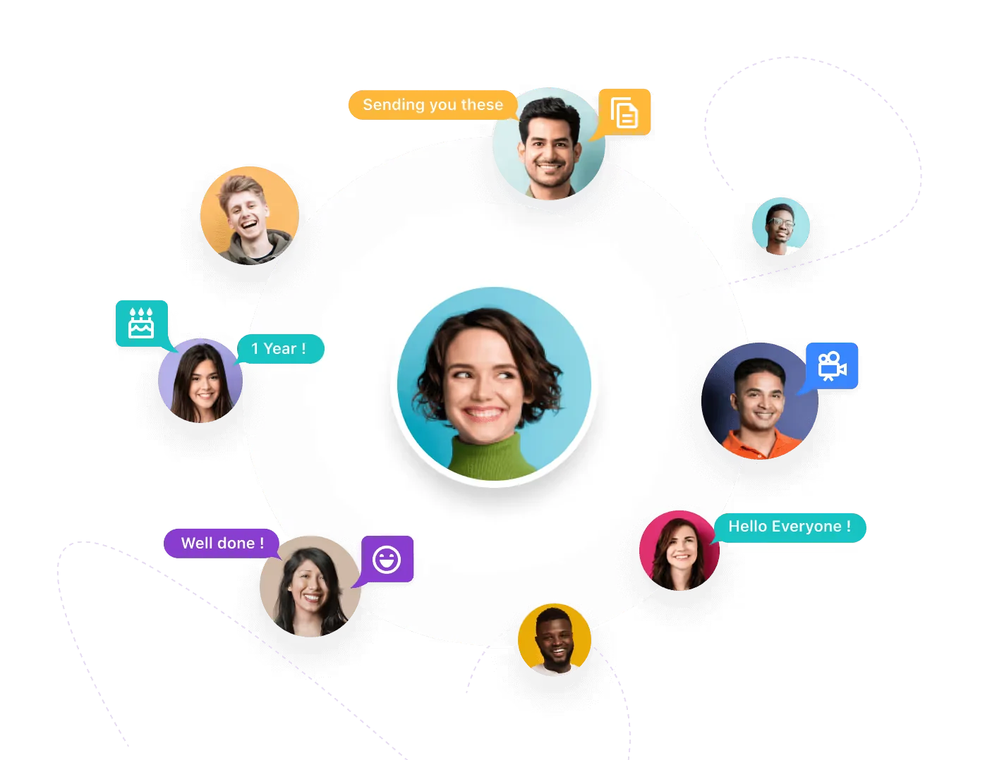 Illustration of team members as avatars around a central person, with chat bubbles like Well done and Hello Everyone