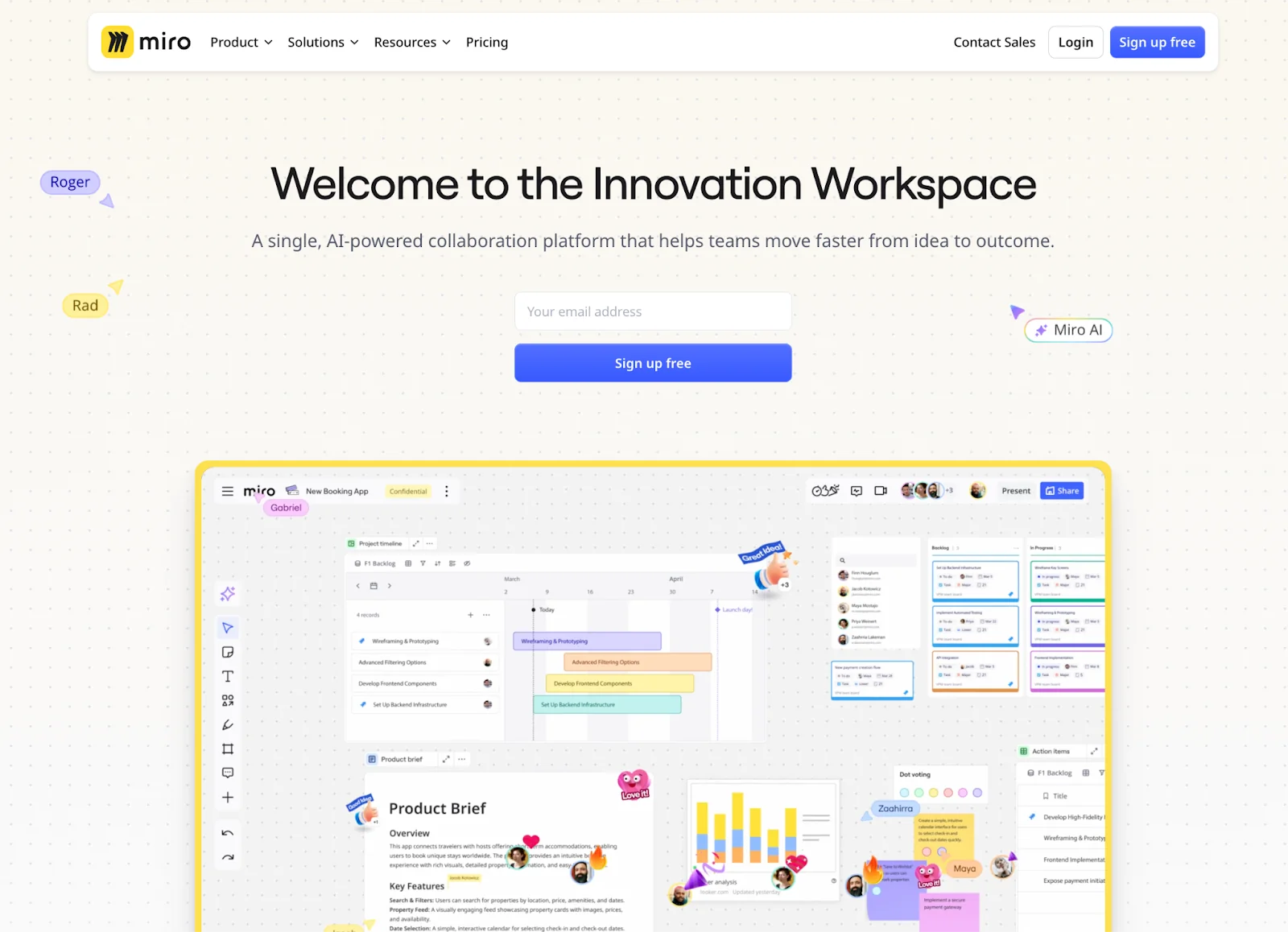 Miro homepage headline Welcome to the Innovation Workspace, with a sign-up form and a board preview