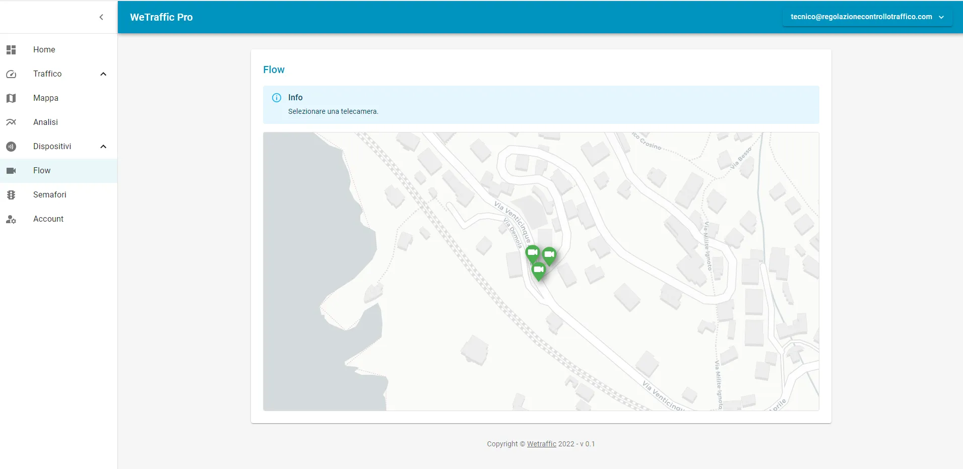 Sistema WeTraffic - Flow, mappa telecamere. RCT Regolazione Controllo Traffico.