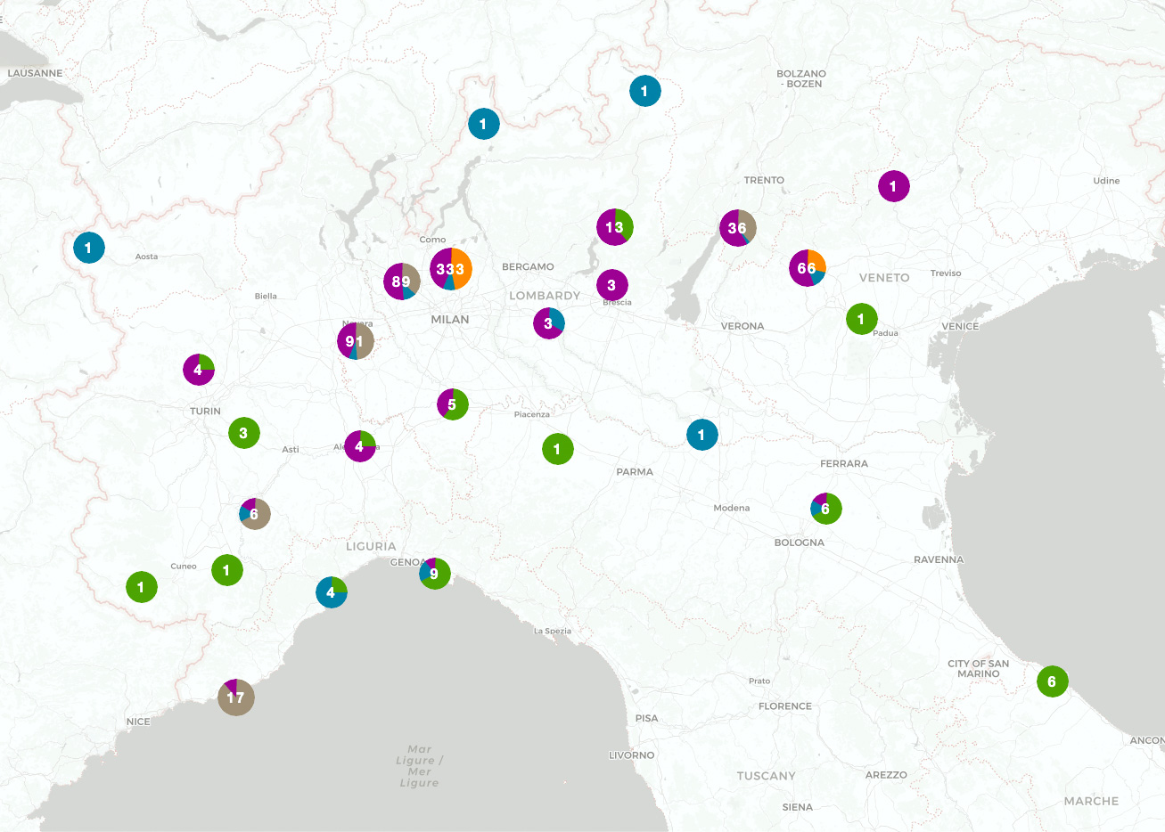 Mapppa del nord italia che riporta i numeri di semafori gesiti tramite WeTraffic.