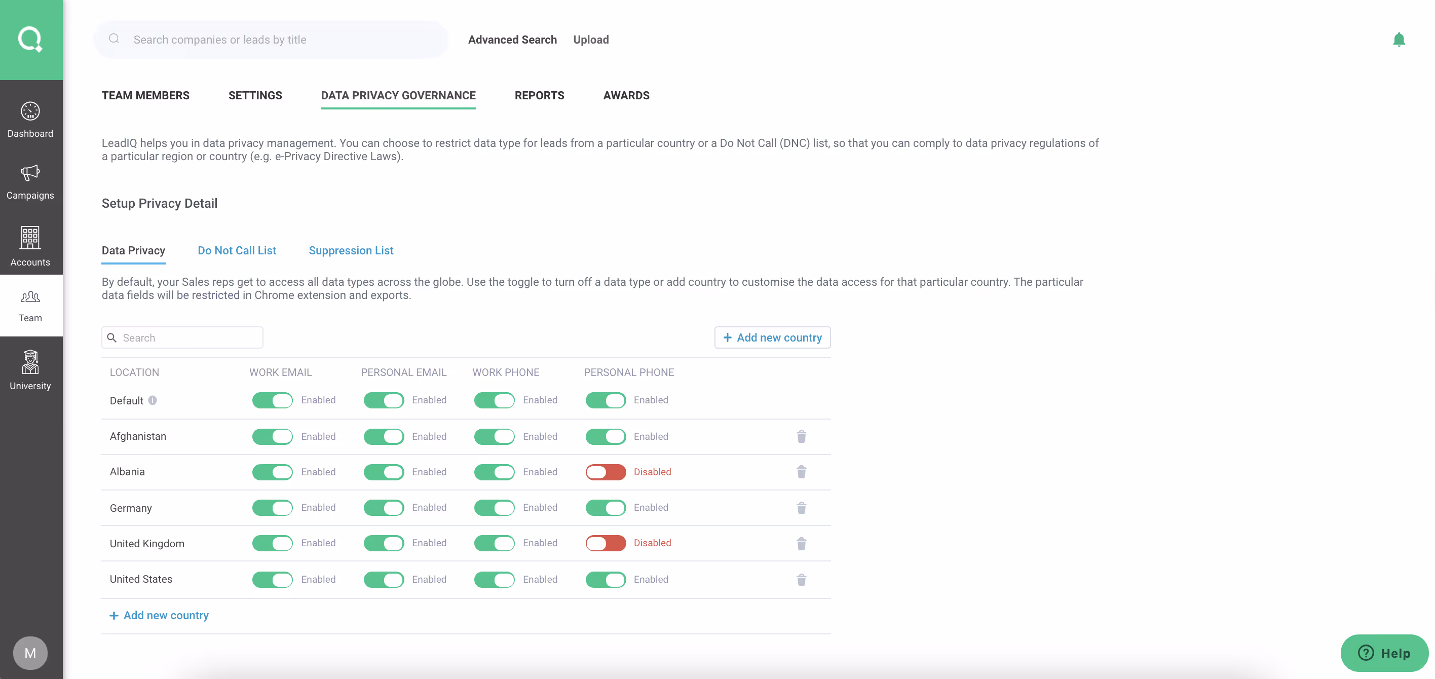 Screenshot of LeadIQ Data Privacy Governance settings 