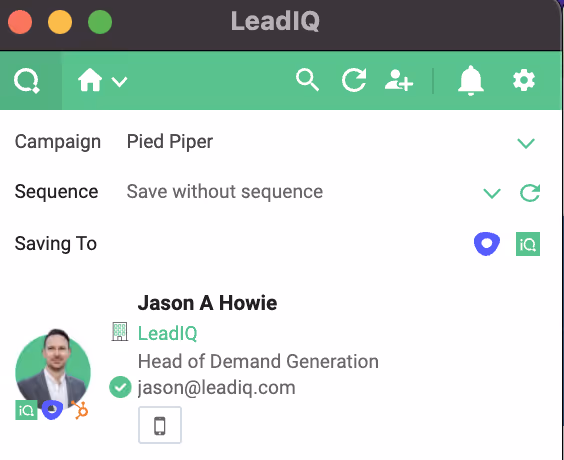 LeadIQ product screenshot showing data for a contact with a green check beside the email to confirm the email has been verified