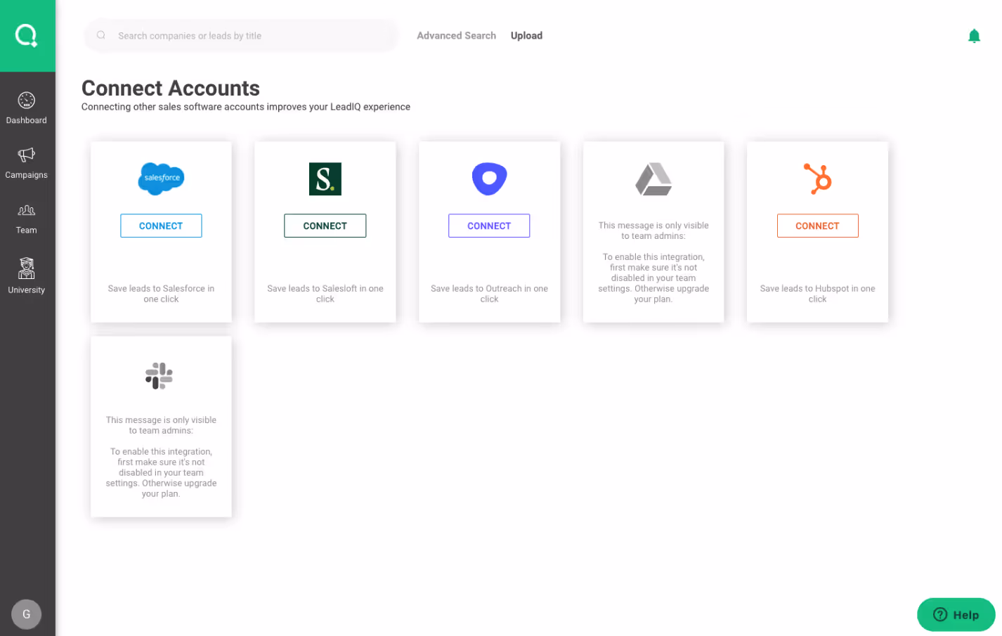 LeadIQ product screenshot showing Integrations page to connect Salesforce, Salesloft, Outreach, GSuite, Hubspot, & Slack