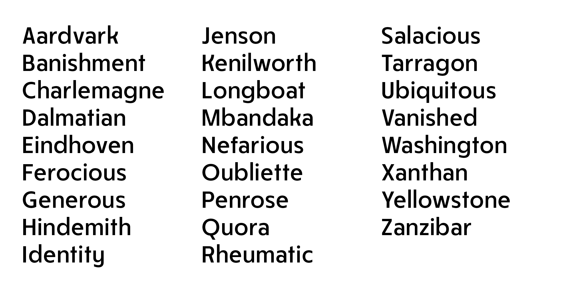 Alphabetic list of words set in Pudsey font