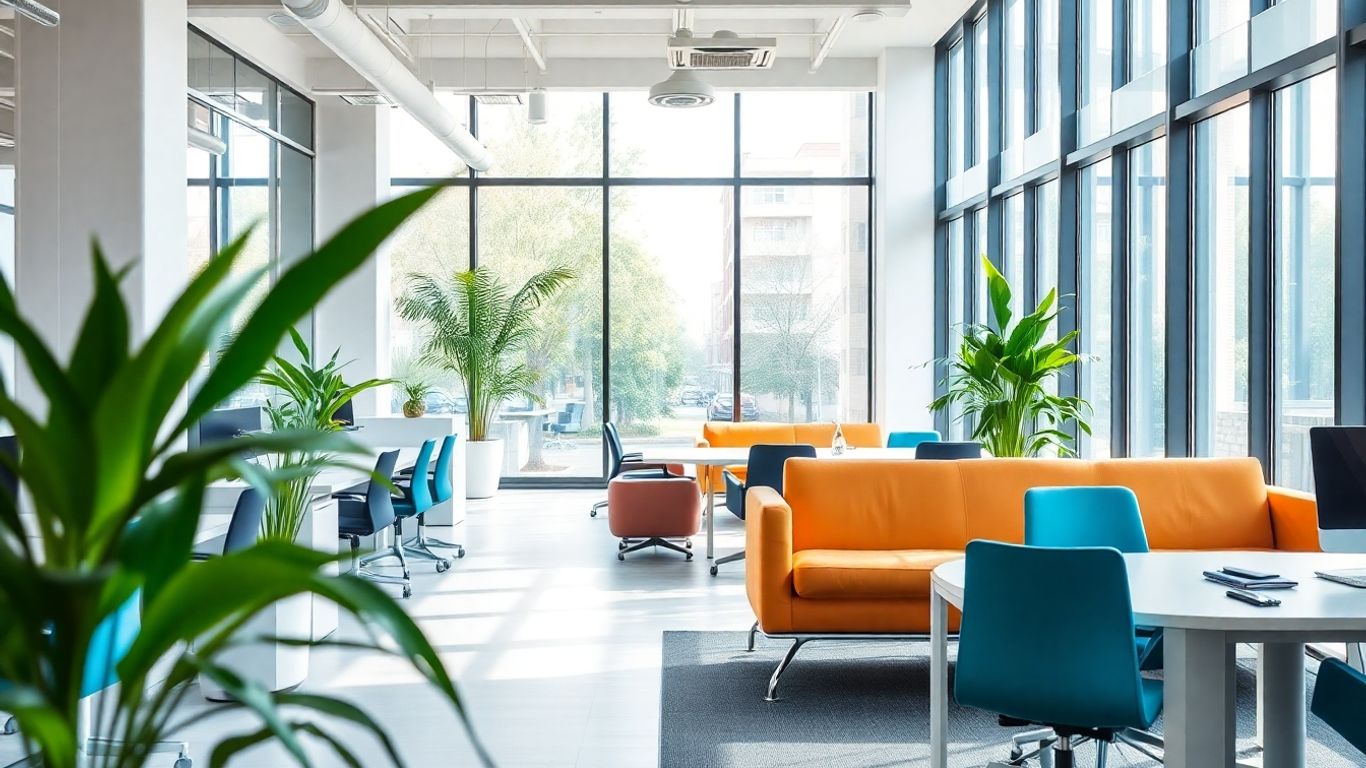 Bureau moderne avec plantes vertes et lumière naturelle.